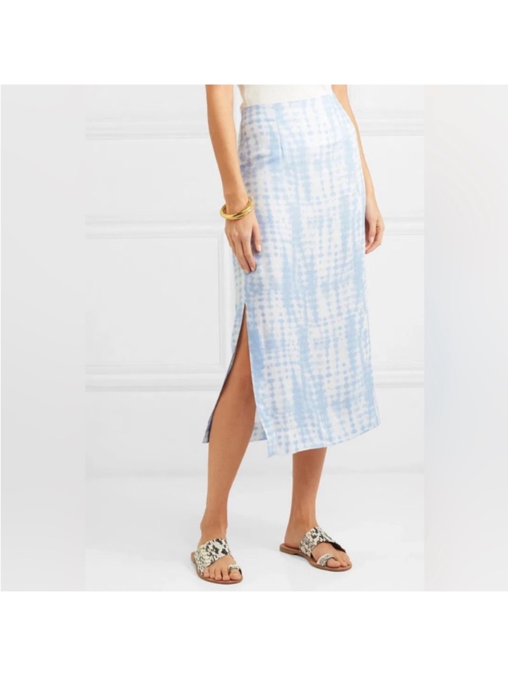 STAUD Light Blue Tie-Dye Midi Skirt with Side Slit